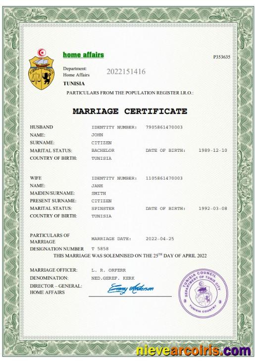 Tunisia marriage certificate